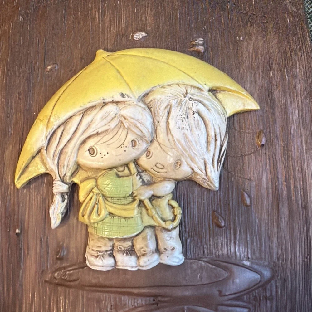 Vintage Handmade Friendship Wall Plaque Boy & Girl Under Yellow Umbrella